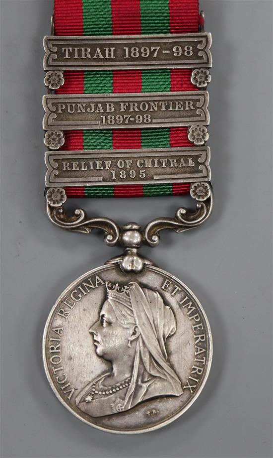 An India General Service 1895-1902 medal with Tirah 1897-98, Punjab Frontier 1897-98 and Relief of Chitral 1895 clasps to